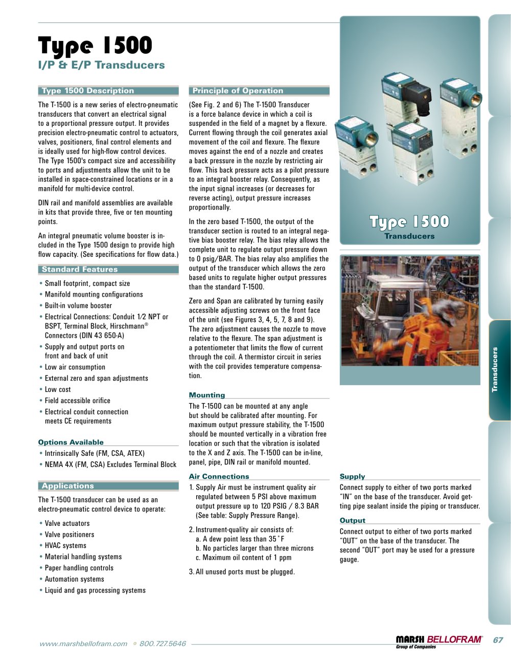 Marsh Bellofram PCD Division Type 1500 I/P and E/P Transducers - Marsh Bellofram