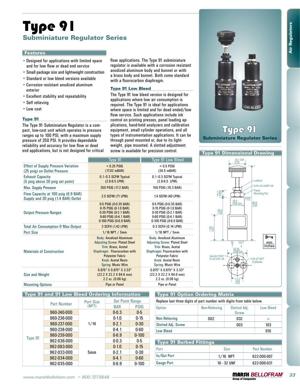 Marsh Bellofram PCD Division Type 91 Subminiature Air Pressure Regulator Series - Marsh Bellofram