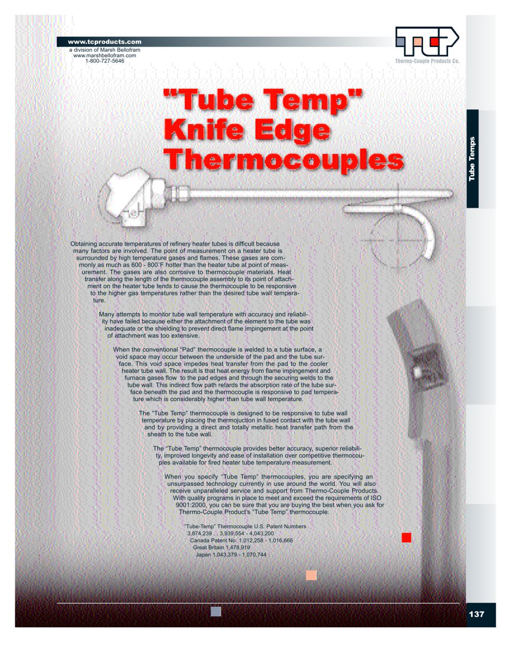 Marsh Bellofram Thermo-Couple Products Division "Tube Temp" Knife Edge Thermocouples - Marsh Bellofram
