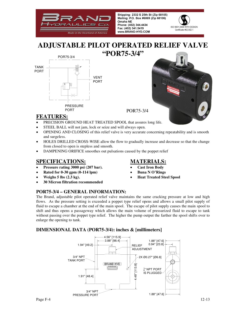 ADJUSTABLE PILOT OPERATED RELIEF VALVE �POR75-3/4� - BRAND HYDRAULICS