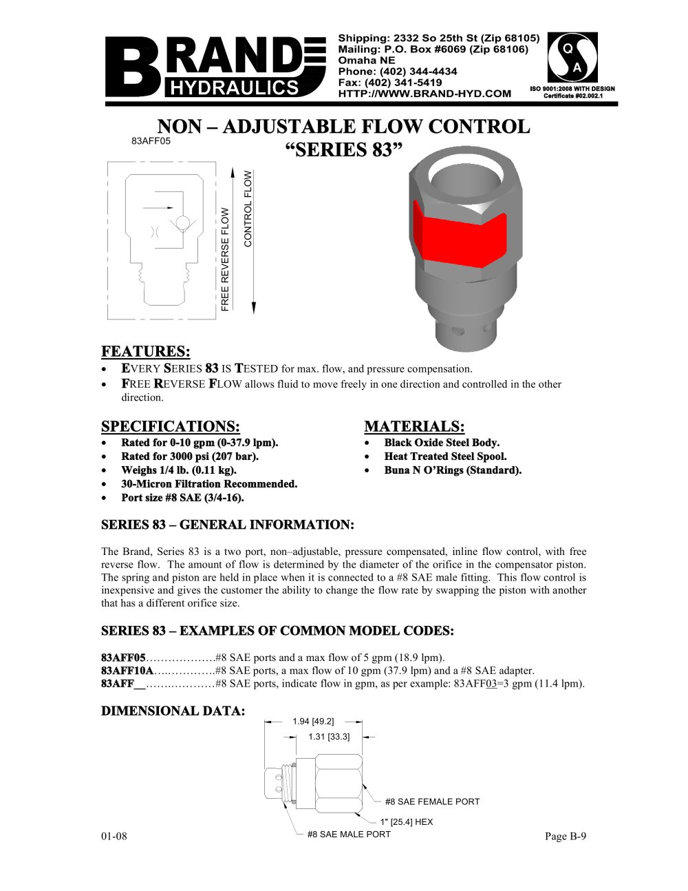 NON � ADJUSTABLE FLOW CONTROL �SERIES 83� - BRAND HYDRAULICS