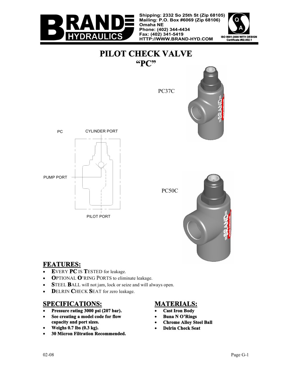 PC - Pilot check valve - BRAND HYDRAULICS