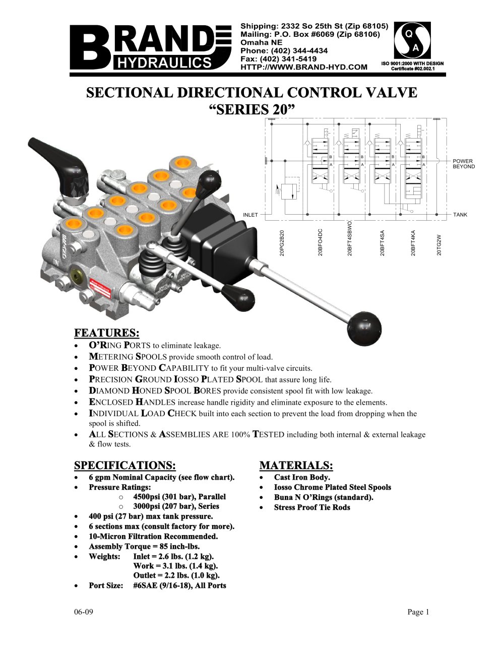 Series 20 - 4-way manual sectional directional control, 0-6 gpm - BRAND HYDRAULICS