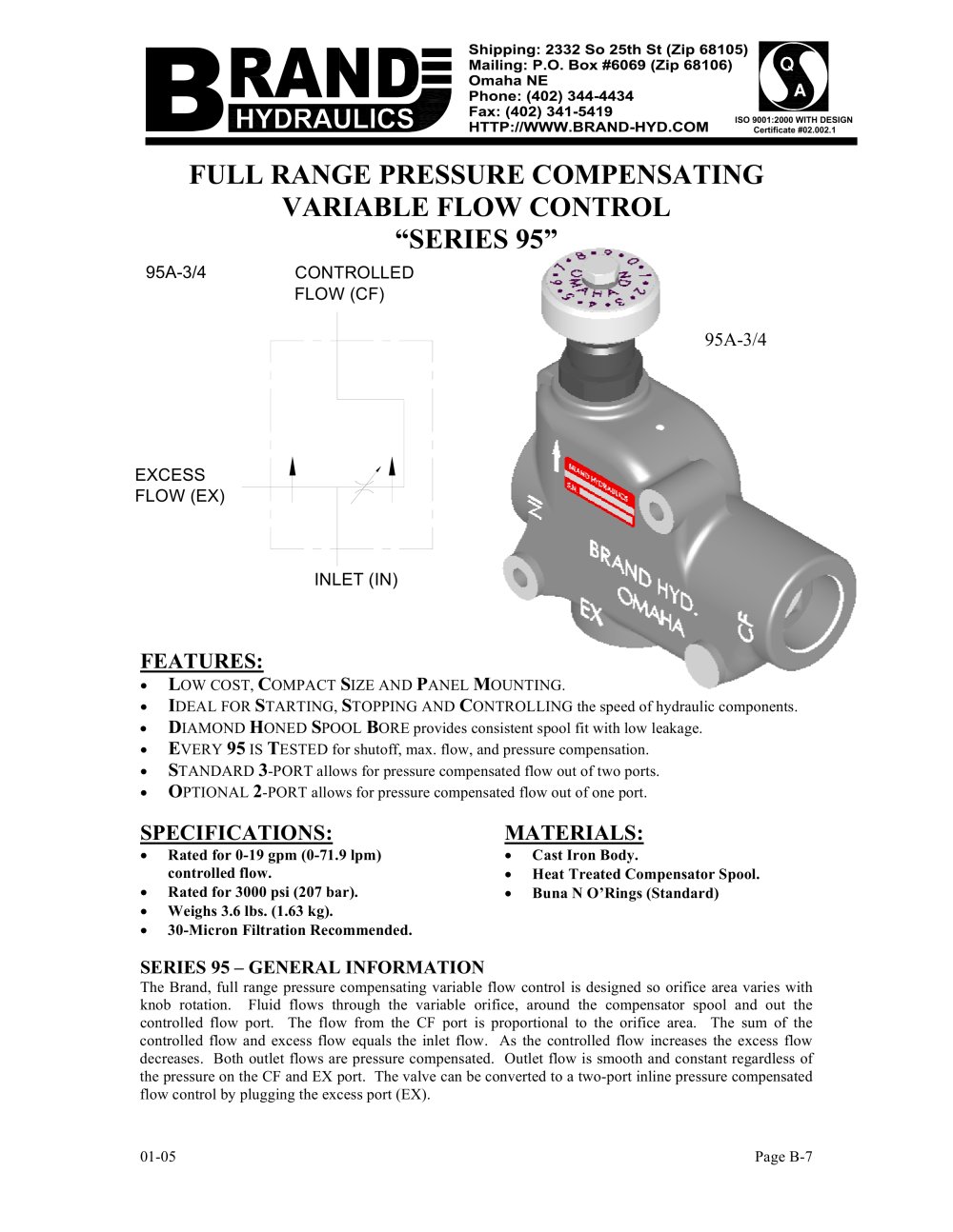 Series 95 - Pressure compensated variable flow control, 0-19 gpm - BRAND HYDRAULICS