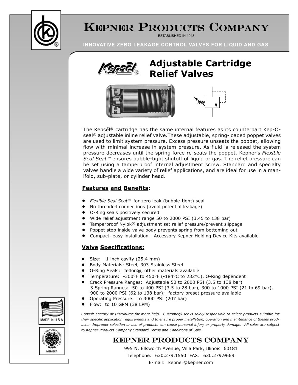 Adjustable Cartridge Relief Valves - KEPNER