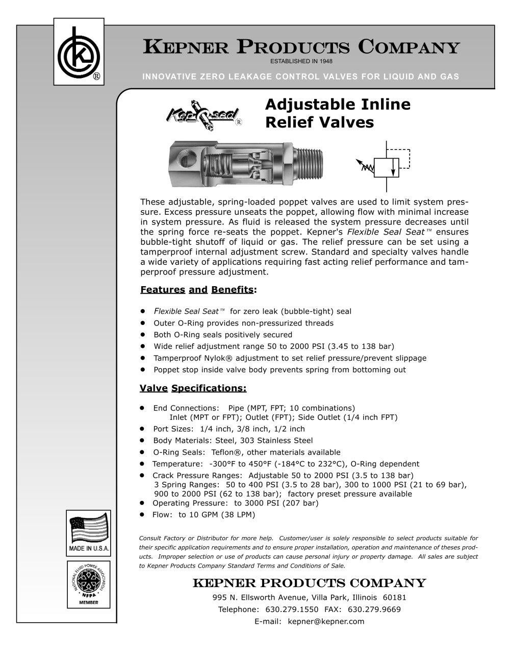 Adjustable Inline Relief Valves - KEPNER