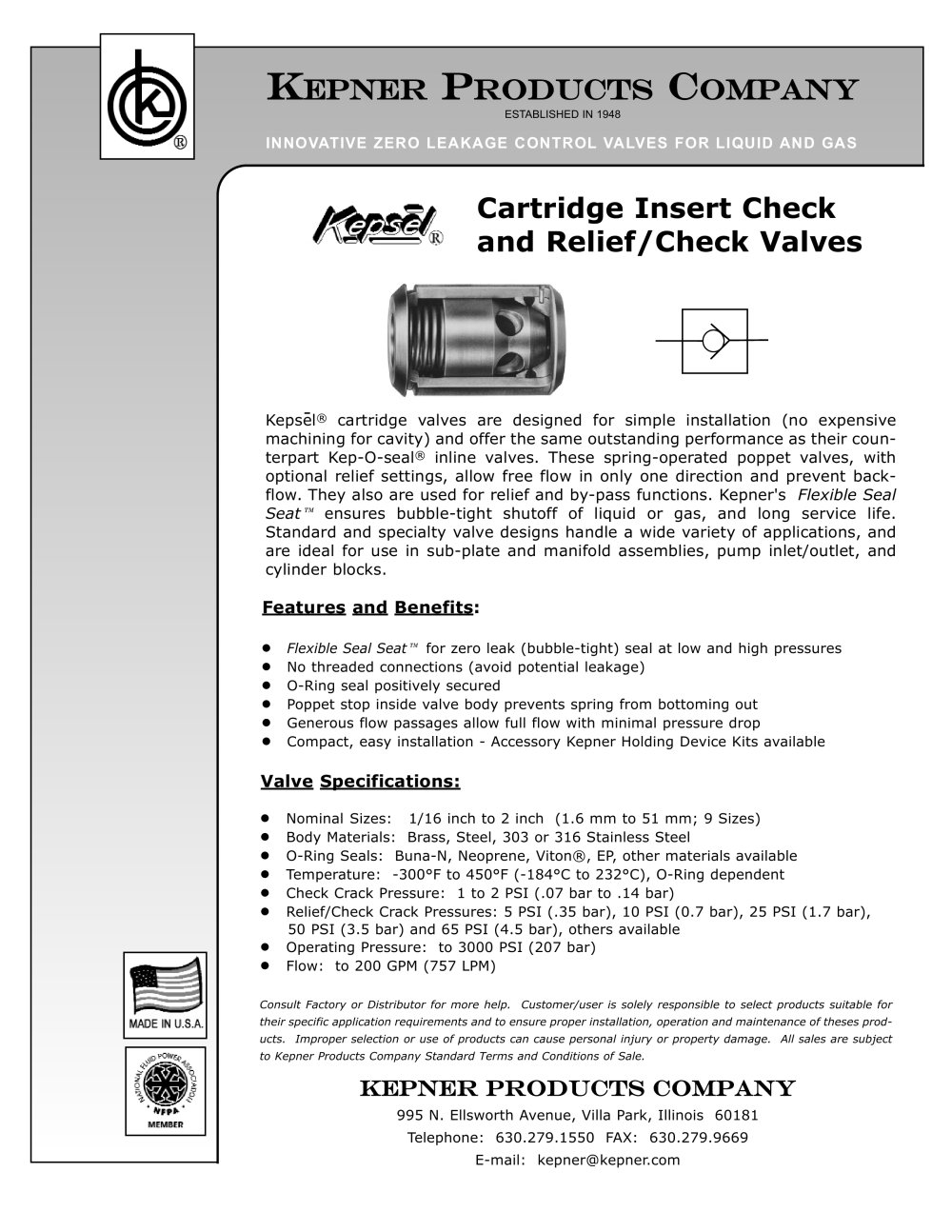 Cartridge Check and Relief/Check Valves - KEPNER