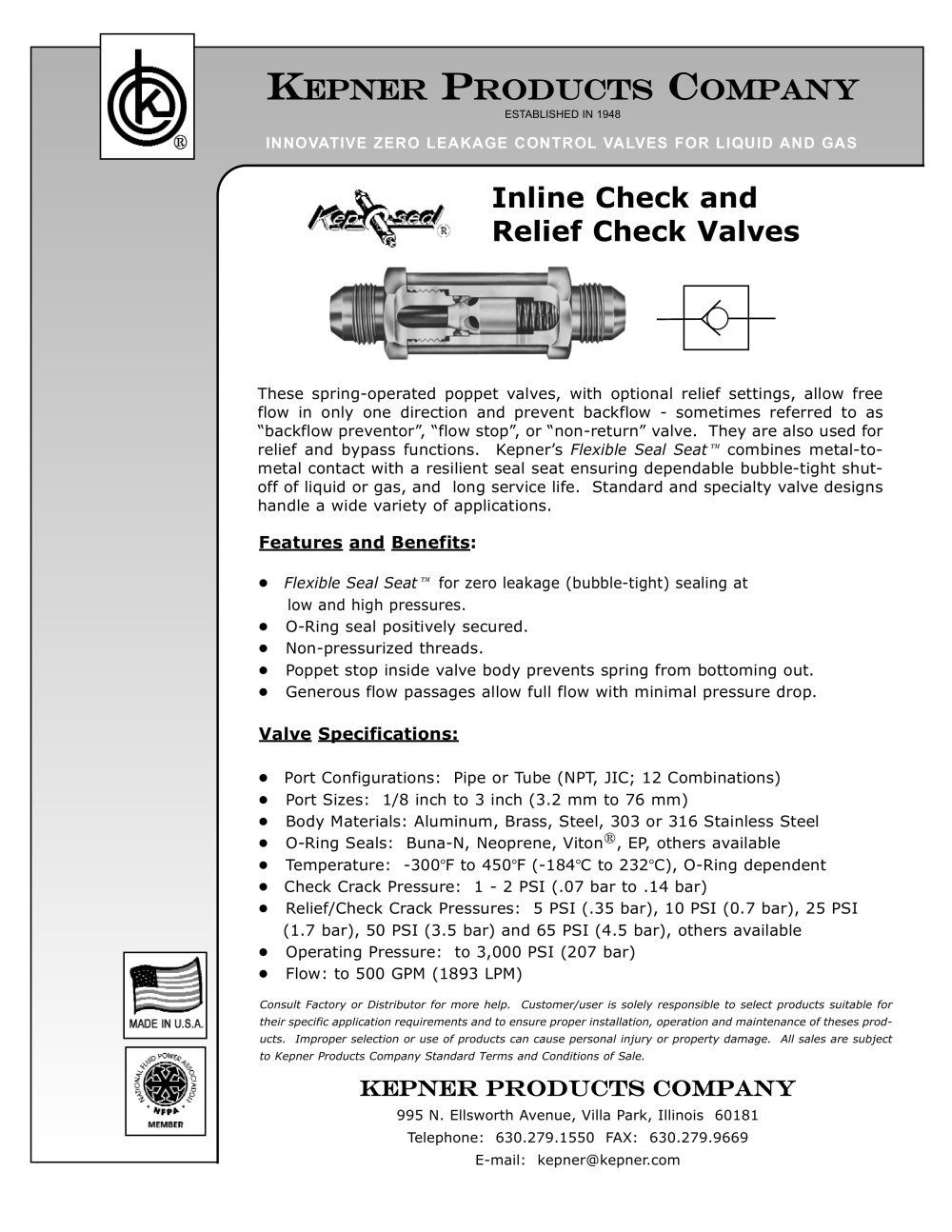 Inline Check and Relief/Check Valves - KEPNER