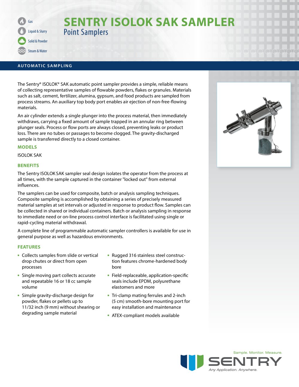 ISOLOK&reg; SAK Automatic Samplers for Bulk Solids - Sentry Equipment
