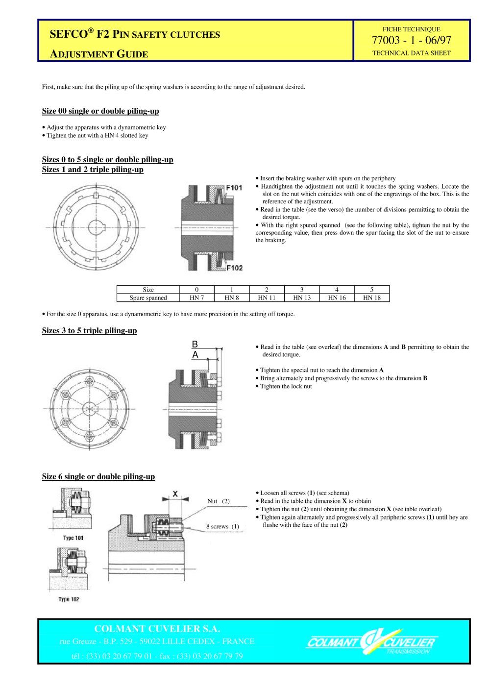 SEFCO F2 Pin safety clutches Adjustment guide - COLMANT CUVELIER