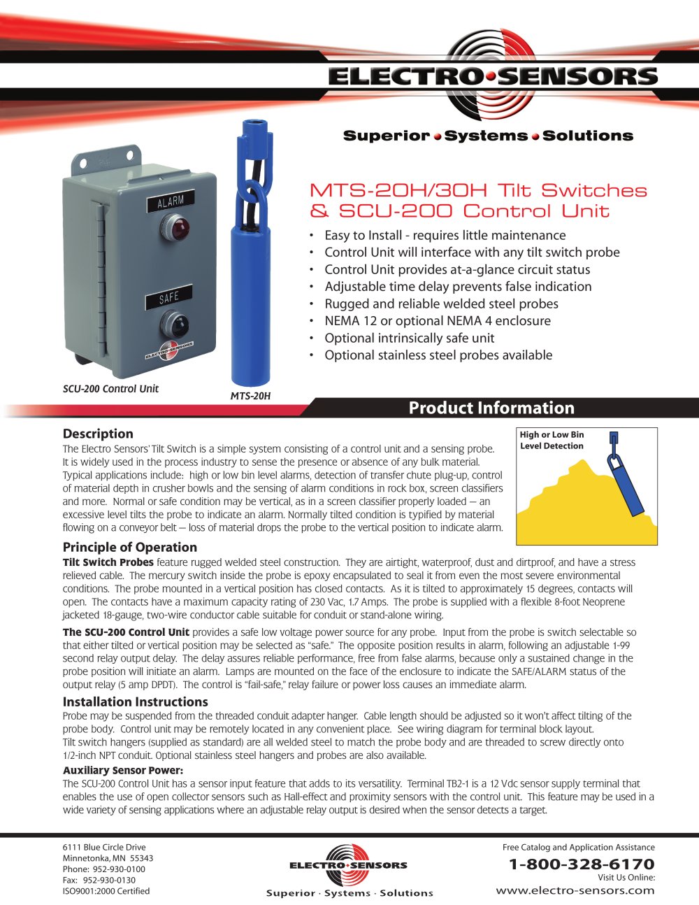 Level Monitors - MTS-20H Standard Probe With Hanger - Electro-Sensors