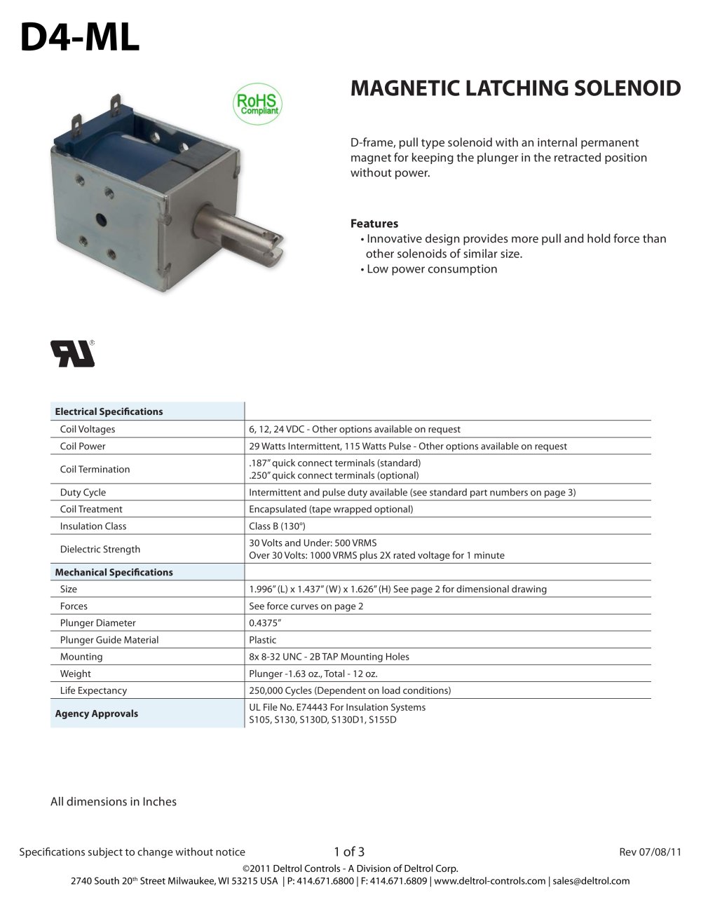 D4-ML Magnetic Latching Solenoid - Deltrol Controls