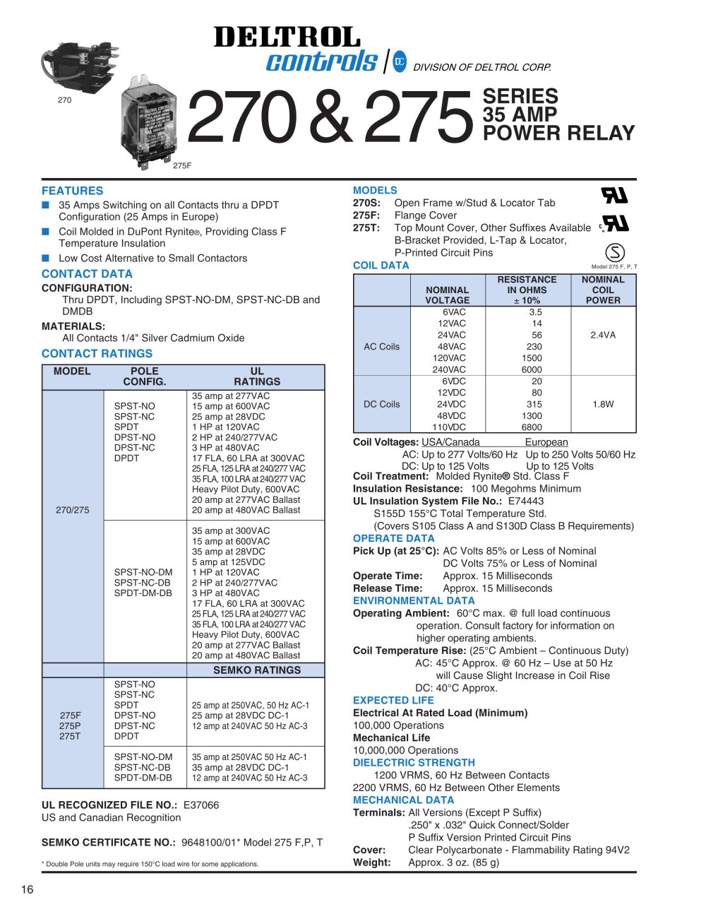 Power Relays 270/275 series - Deltrol Controls