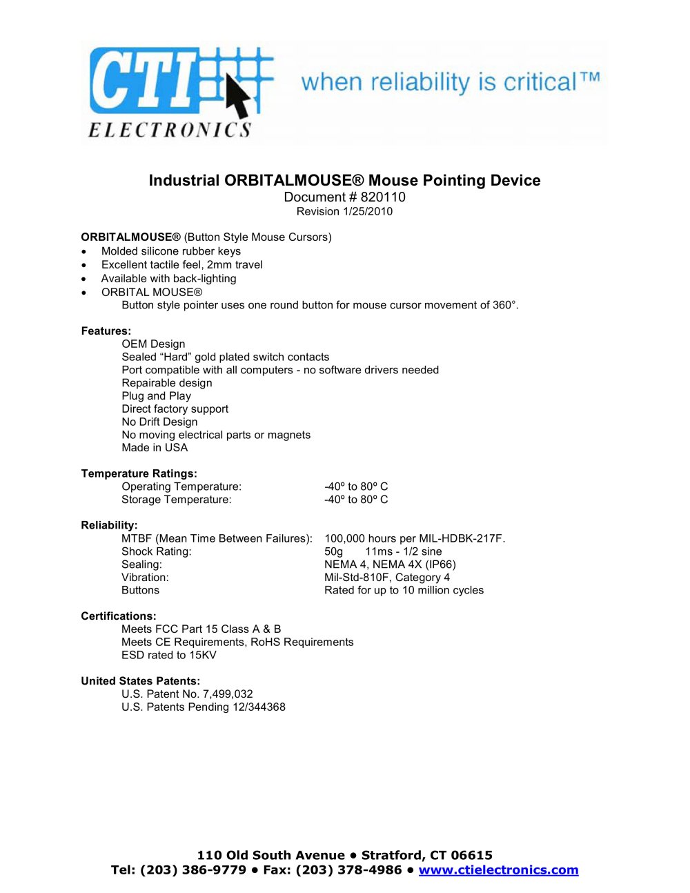 Orbital Mouse Industrial Mouse Pointers Specifications - CTI Electronics Corporation