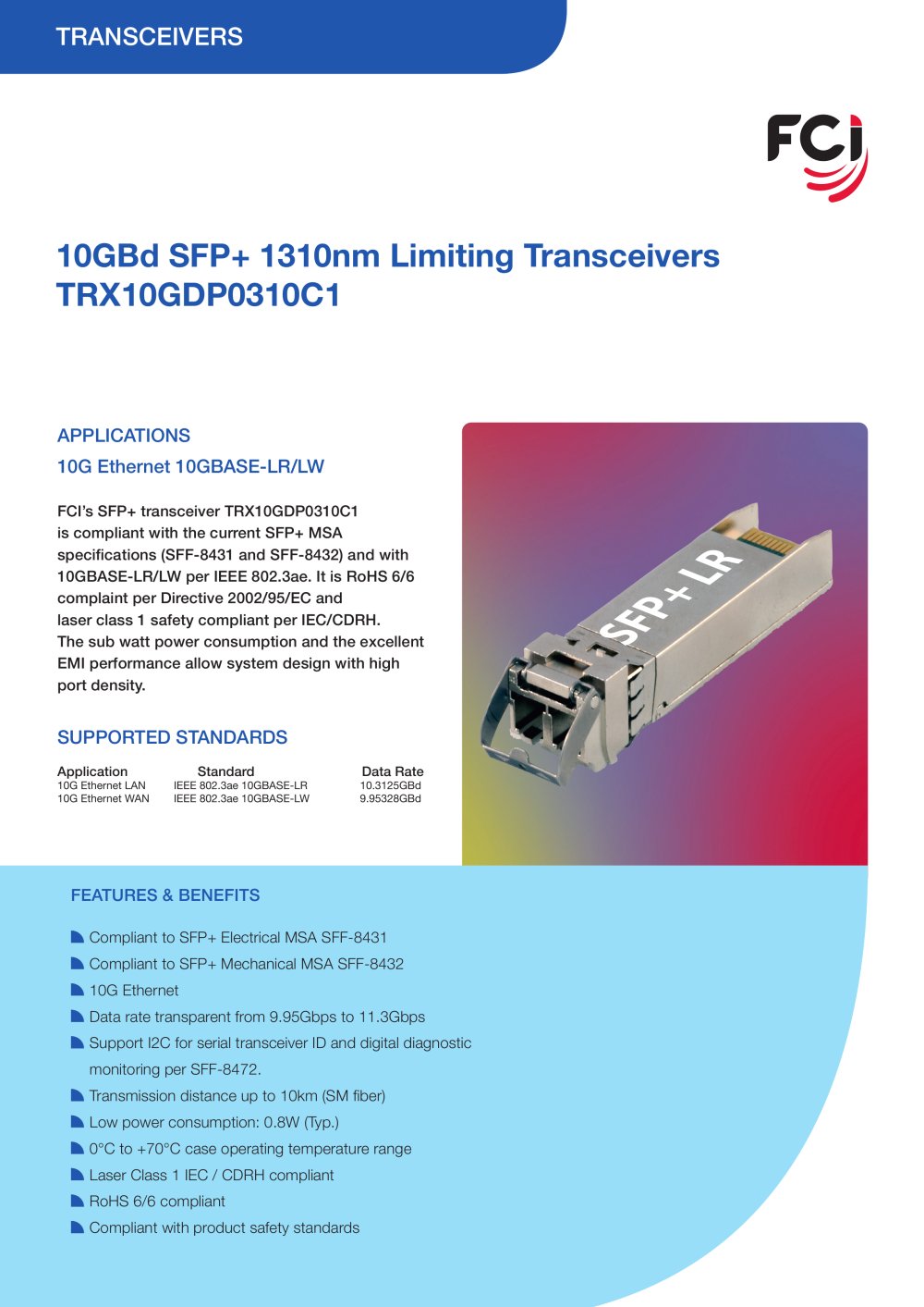 10GBd SFP+ 1310nm Limiting Transceivers datasheet - FCI
