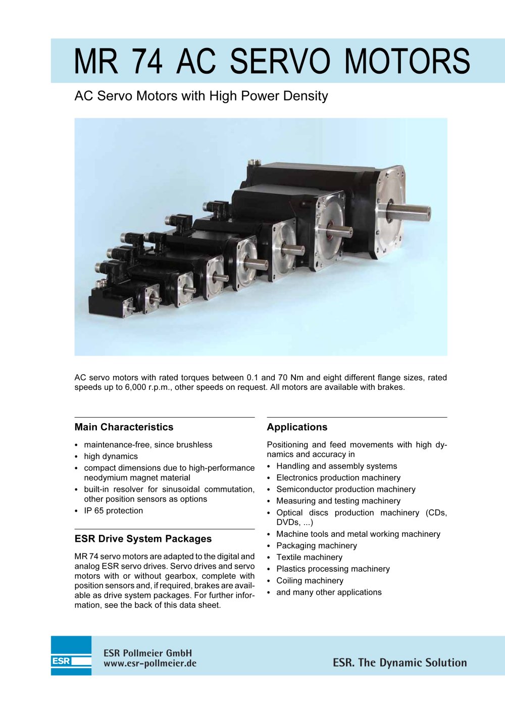 Servo motors, linear motors: MR 74 AC servo motors - ESR Pollmeier