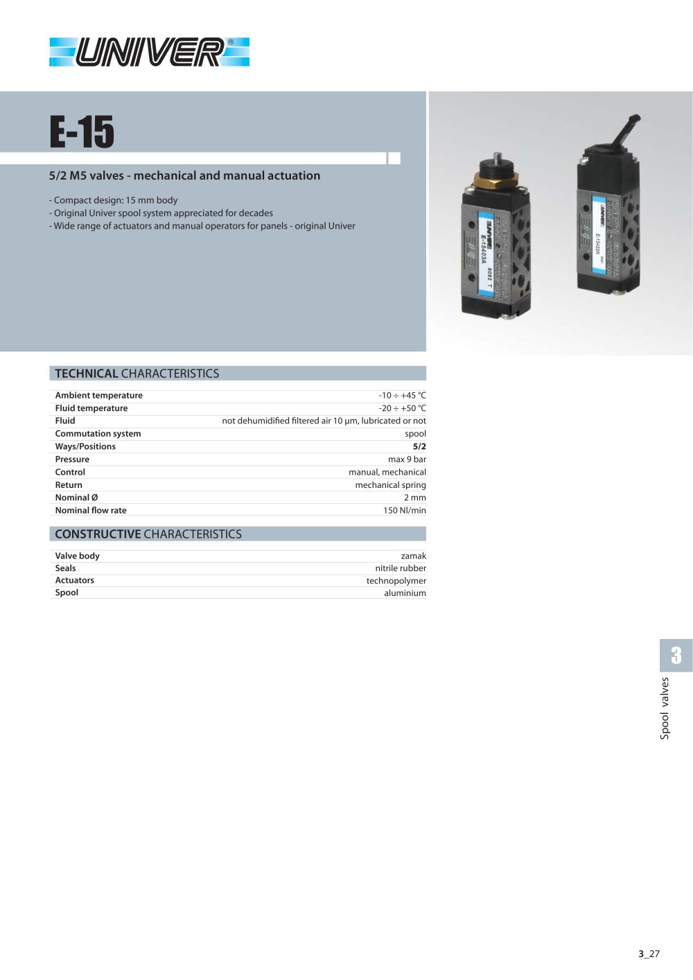 E15_5/2 M5 valves - mechanical and manual actuation - Univer Group