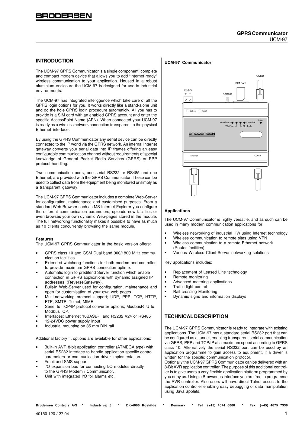 GPRS Communicator UCM97 Data Sheet - Brodersen Controls