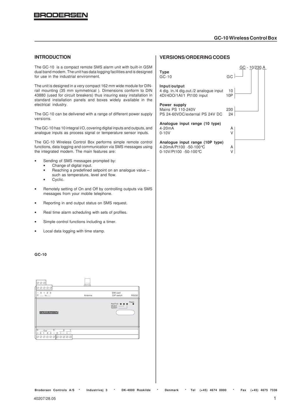 SMS Alarm Unit GC10 Data Sheet - Brodersen Controls