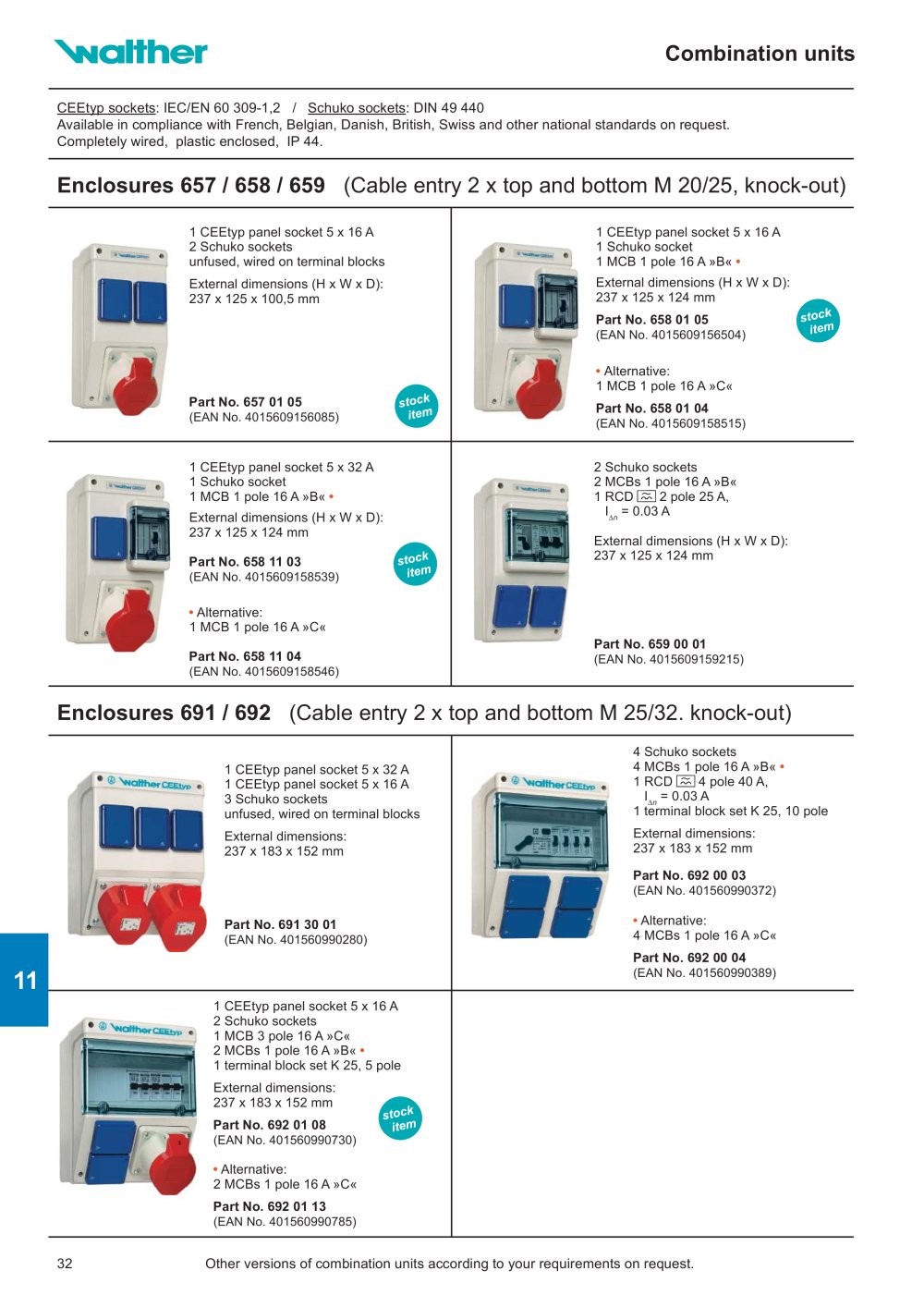Socket outlet combinations, free standing units, suspension-type combinations, stainless steel distribution cabinets - WALTHER WERKE