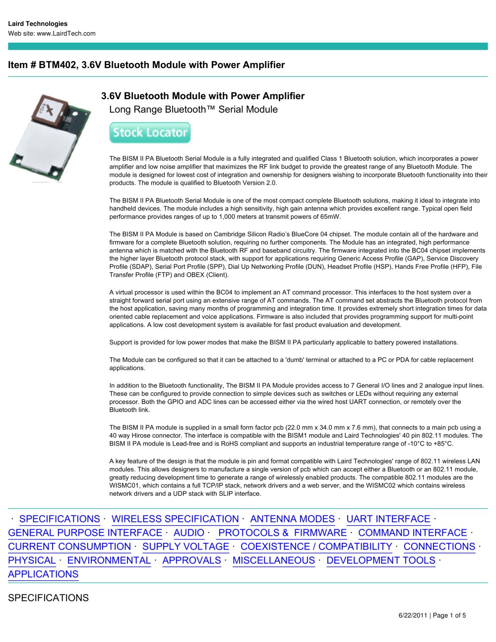 3.6V Bluetooth Module with Power Amplifier - LAIRD TECHNOLOGIES