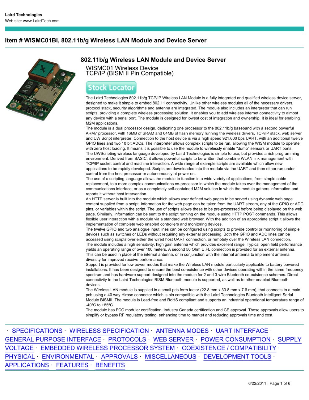 802.11b/g Wireless LAN Module and Device Server - LAIRD TECHNOLOGIES