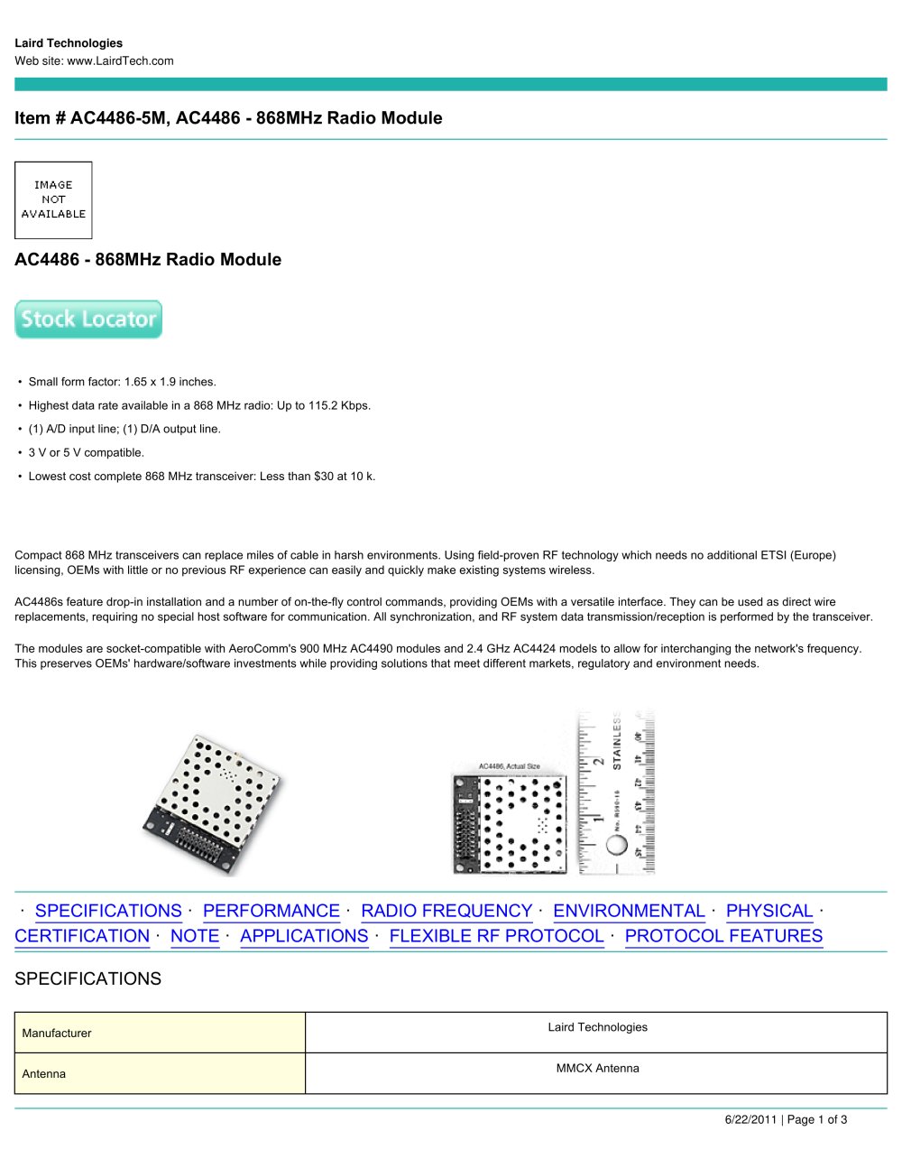 AC4486 - 868MHz Radio Module - LAIRD TECHNOLOGIES