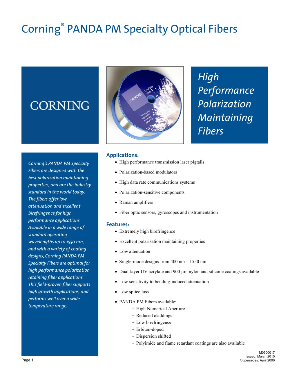 Corning PANDA PM and RC PANDA Specialty Fiber Product Information Sheet - CORNING