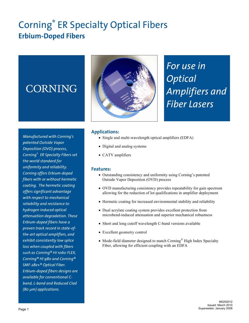 Erbium-Doped Specialty Fiber Product Information Sheet - CORNING
