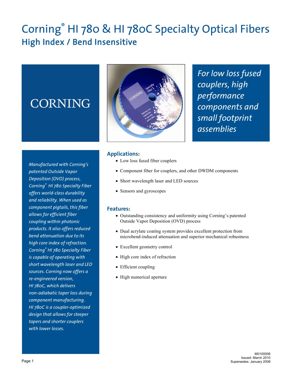 HI 780 HI 780C Specialty Fiber Product Information Sheet - CORNING
