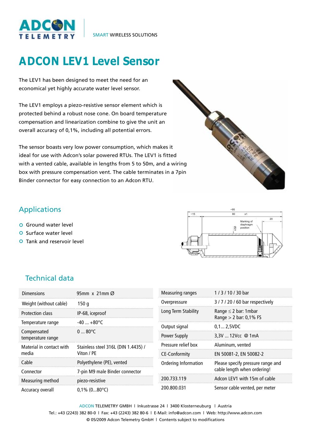 Adcon LEV1 Level Sensor - Adcon Telemetry