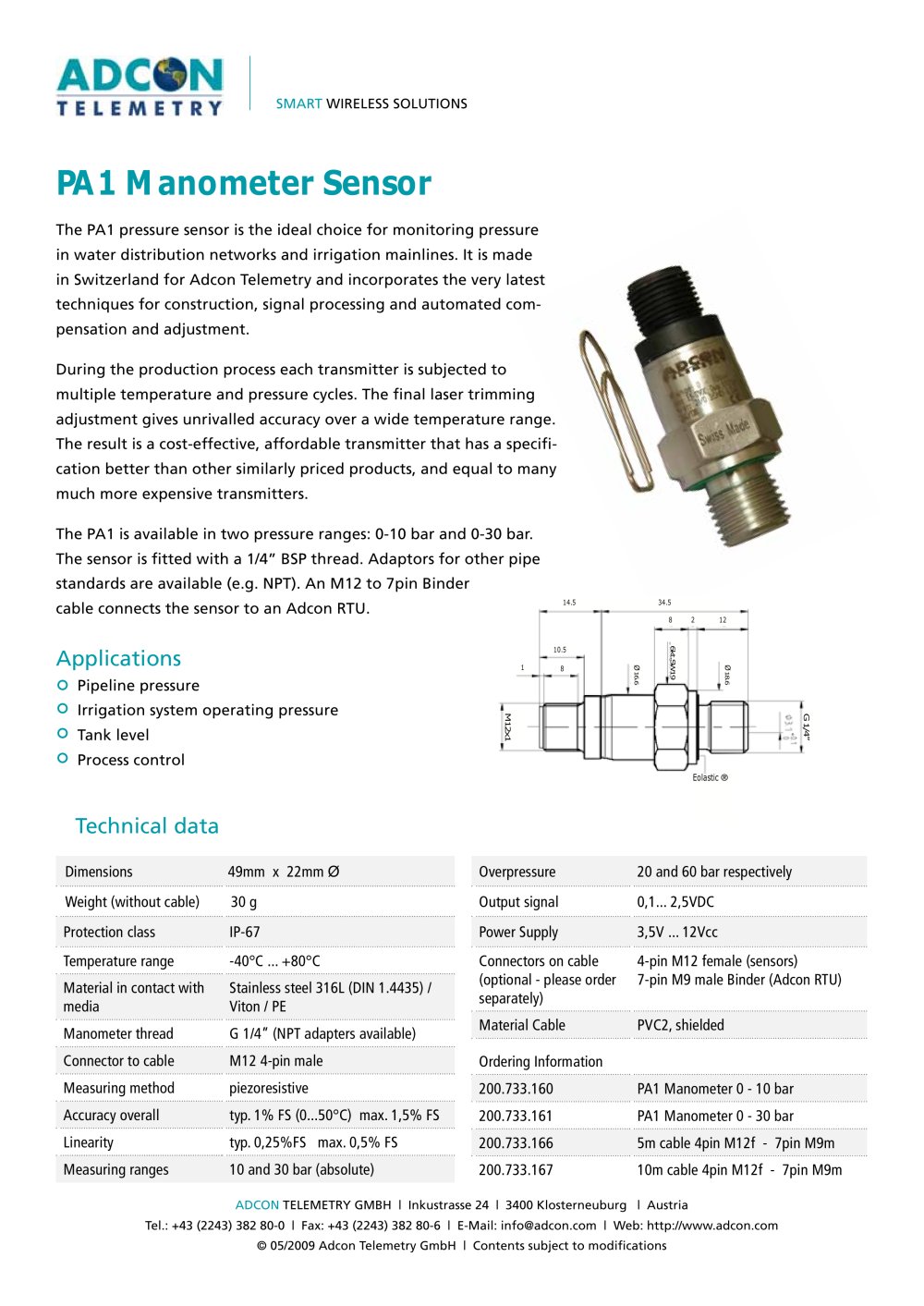 Adcon PA1 Manometer Sensor - Adcon Telemetry