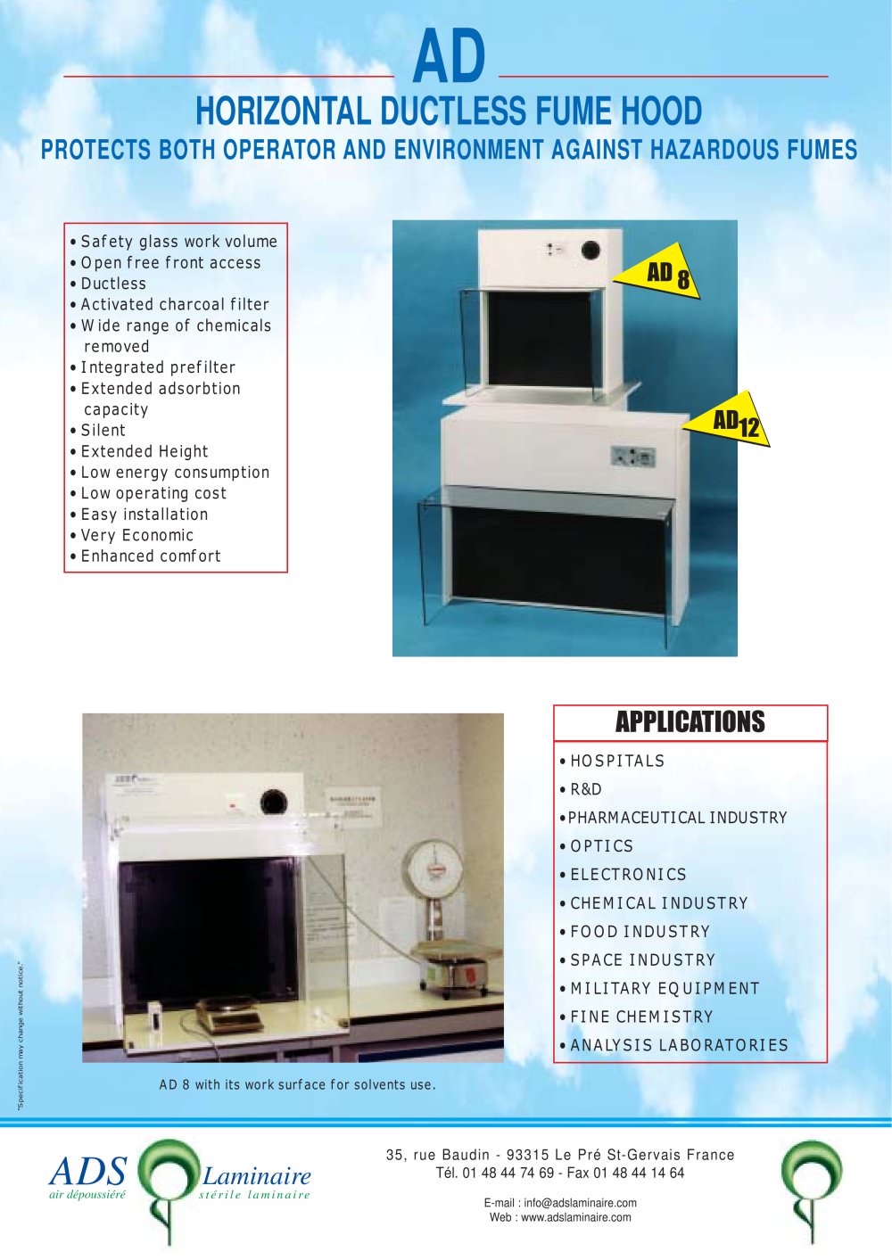AD HORIZONTAL DUCTLESS FUME HOOD - ADS LAMINAIRE