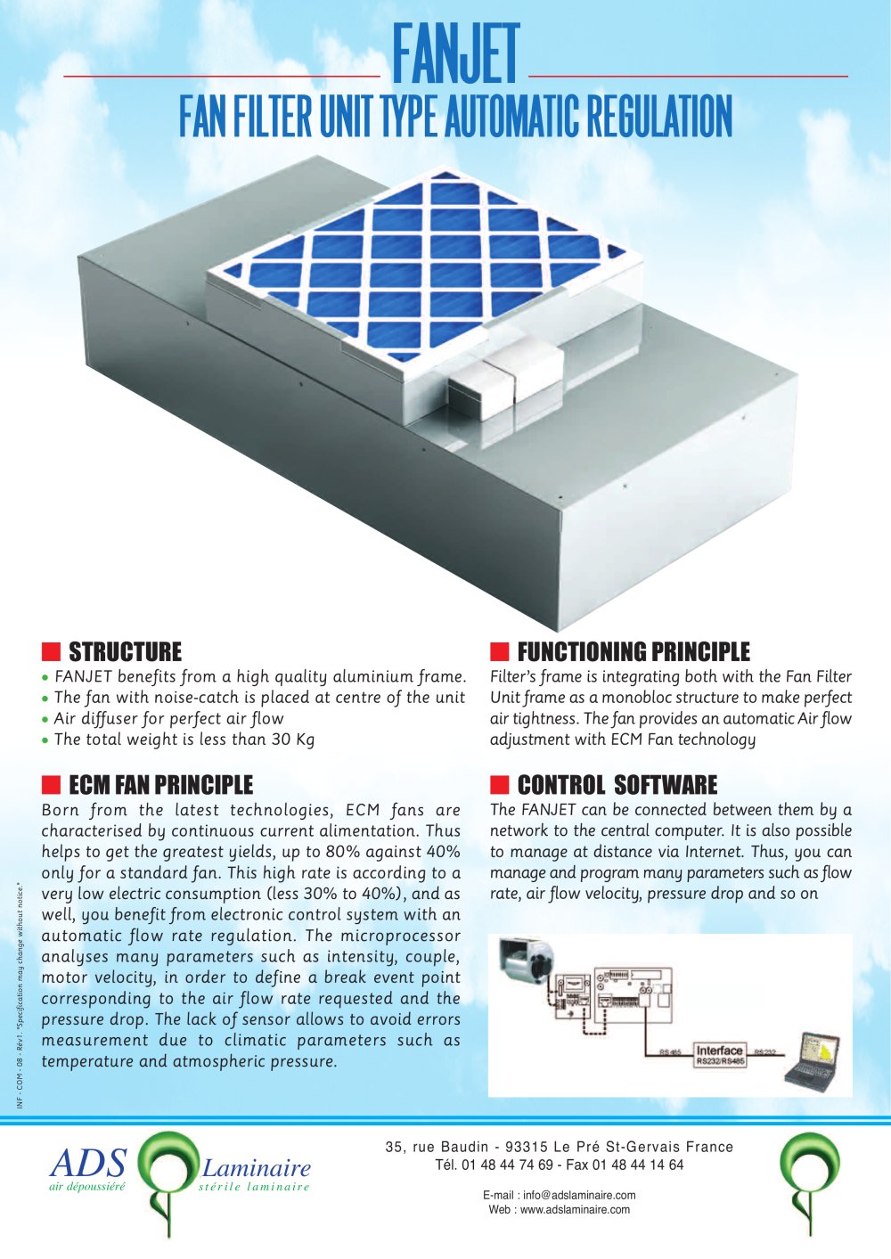 FANJET FAN FILTER UNIT TYPE AUTOMATIC REGULATION - ADS LAMINAIRE