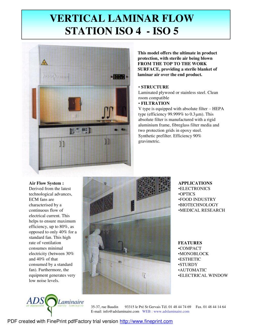 VERTICAL LAMINAR FLOW STATION ISO 4 - ISO 5 - ADS LAMINAIRE