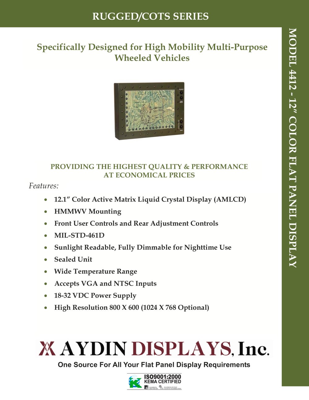 Model 4412P4C-12� AMLCD Military Flat Panel Display - AYDIN