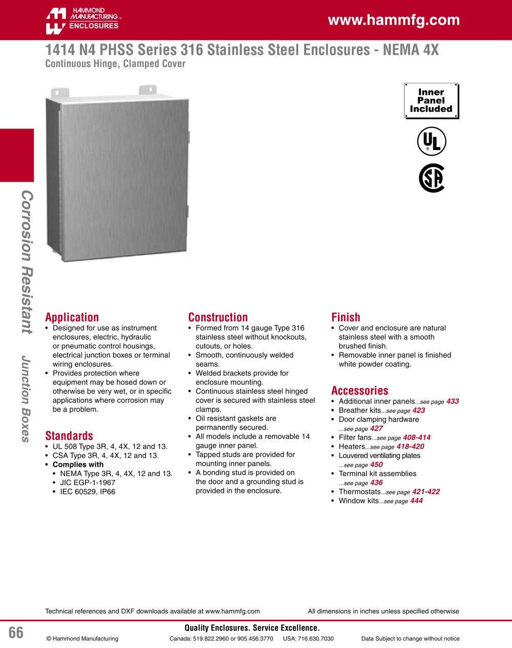 1414 N4 PHSS Series 316 Stainless Steel Enclosures - NEMA 4X - Hammond