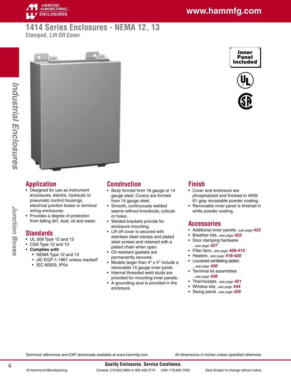 1414 Series Enclosures - NEMA 12, 13 Clamped, Lift Off Cover - Hammond