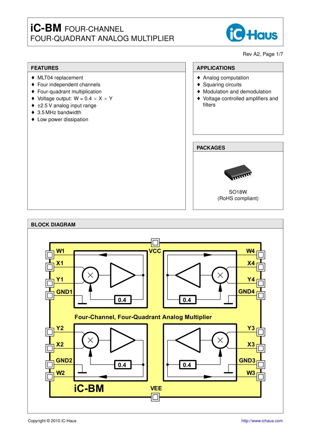 iC-BM    Quad Four-Quadrant Analog Multiplier - iC-Haus