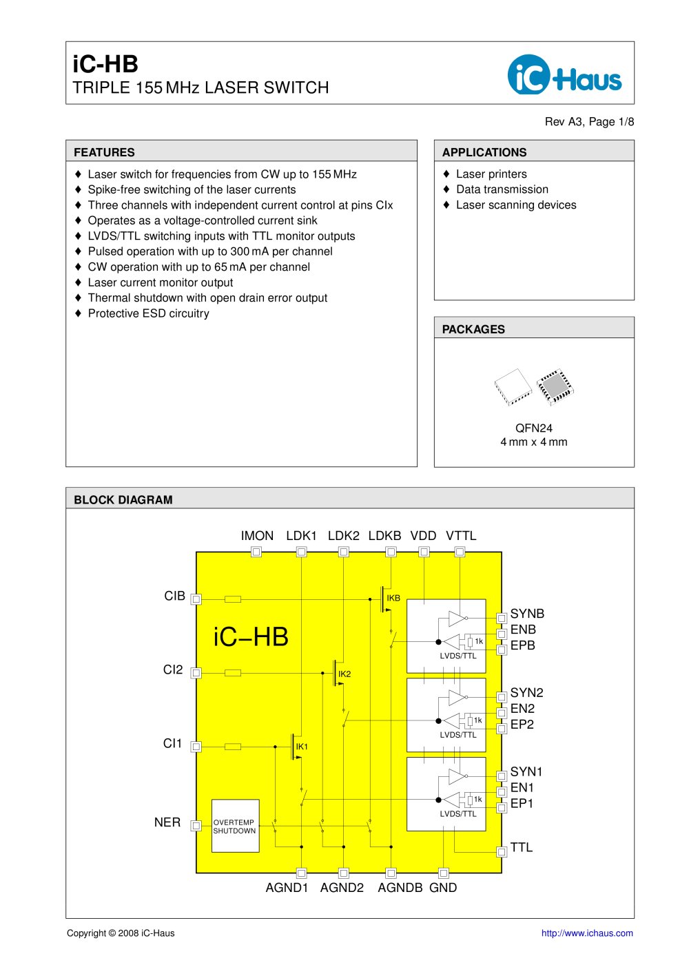 iC-HB    Triple 155 MHz Laser Switch - iC-Haus