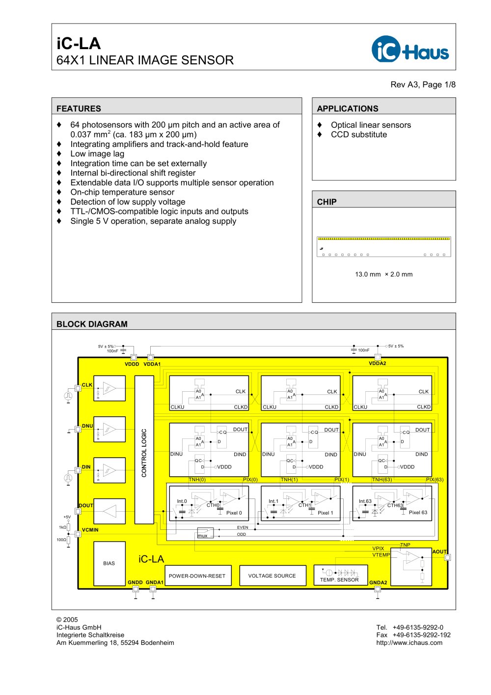 iC-LA    64x1 Linear Image Sensor with Bidirectional Shift and Extendable Data I/O - iC-Haus