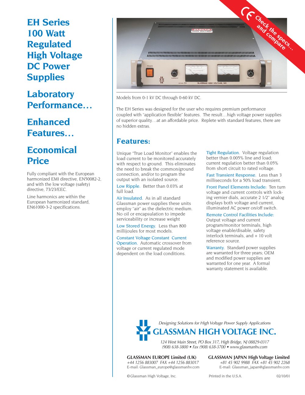EH Series 100 Watt Regulated High Voltage DC Power Supplies - Glassman High Voltage