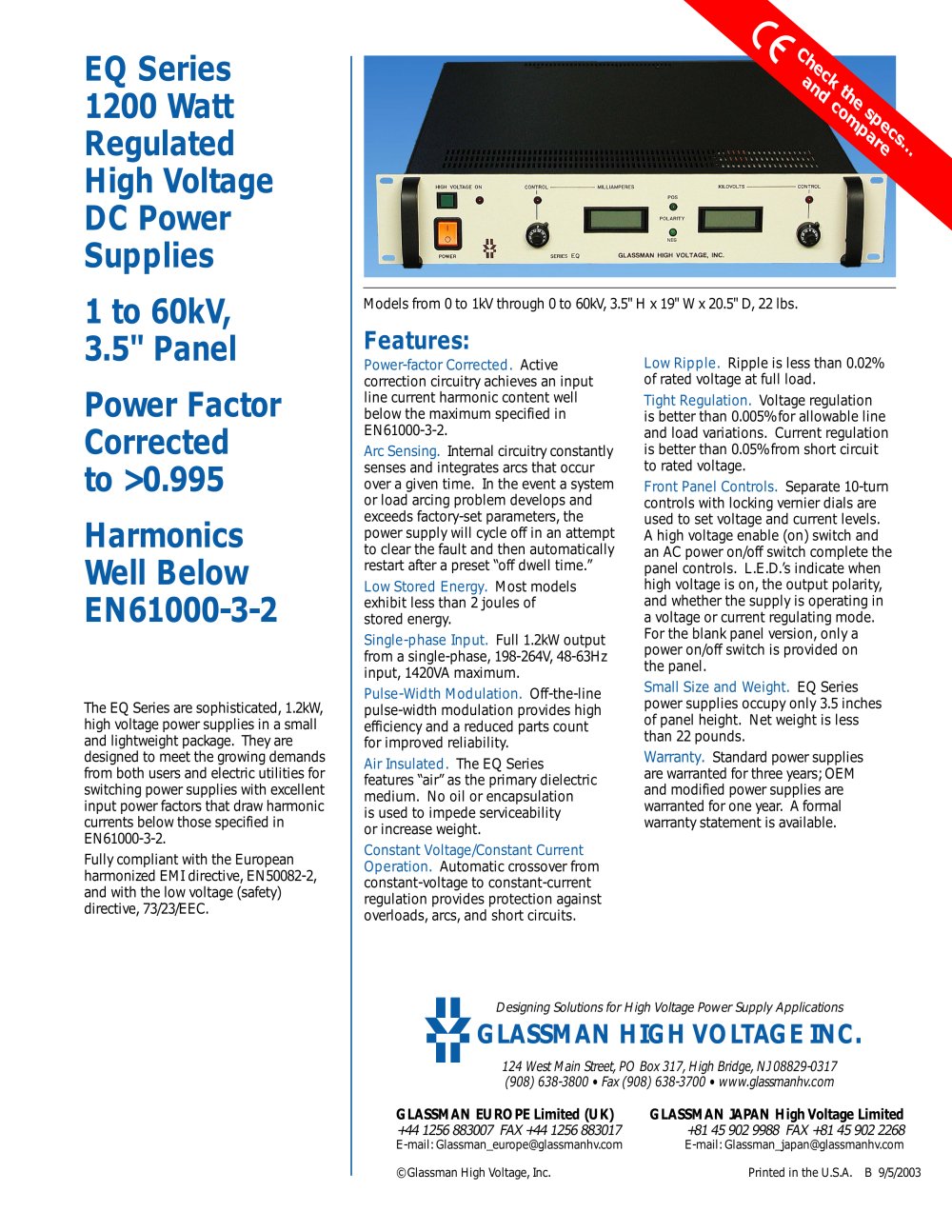EQ Series 1200 Watt Regulated High Voltage DC Power Supplies - Glassman High Voltage