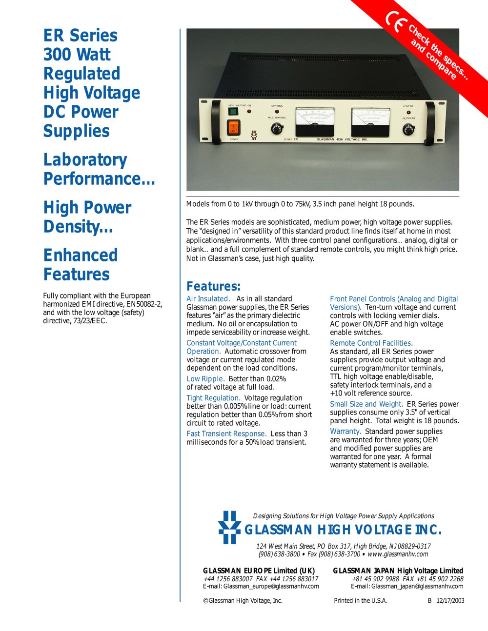 ER Series 300 Watt Regulated High Voltage DC Power Supplies - Glassman High Voltage