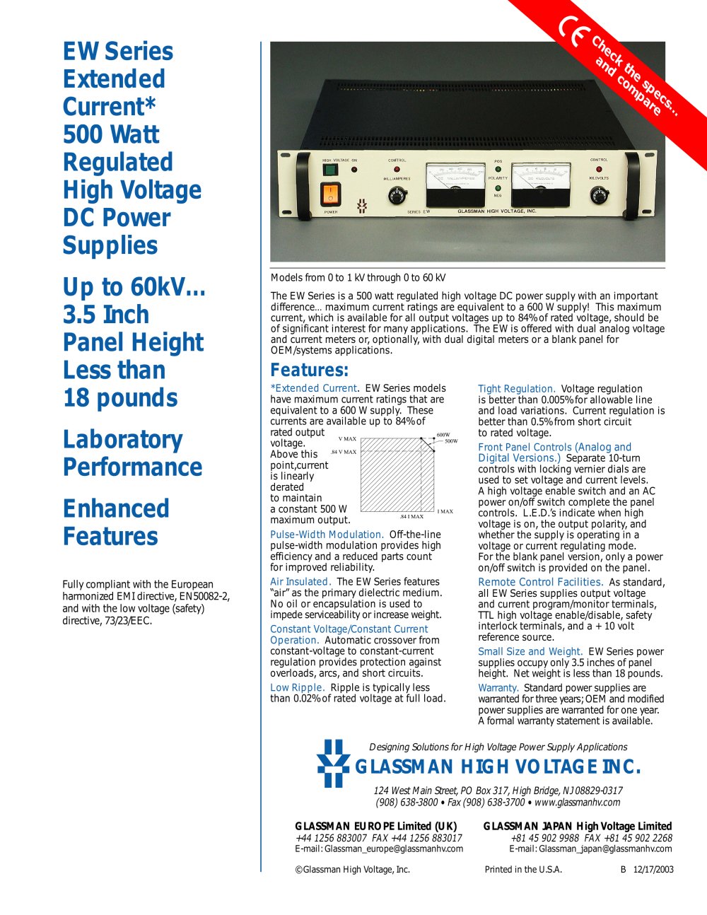 EW Series Extended Current* 500 Watt Regulated High Voltage DC Power Supplies - Glassman High Voltage