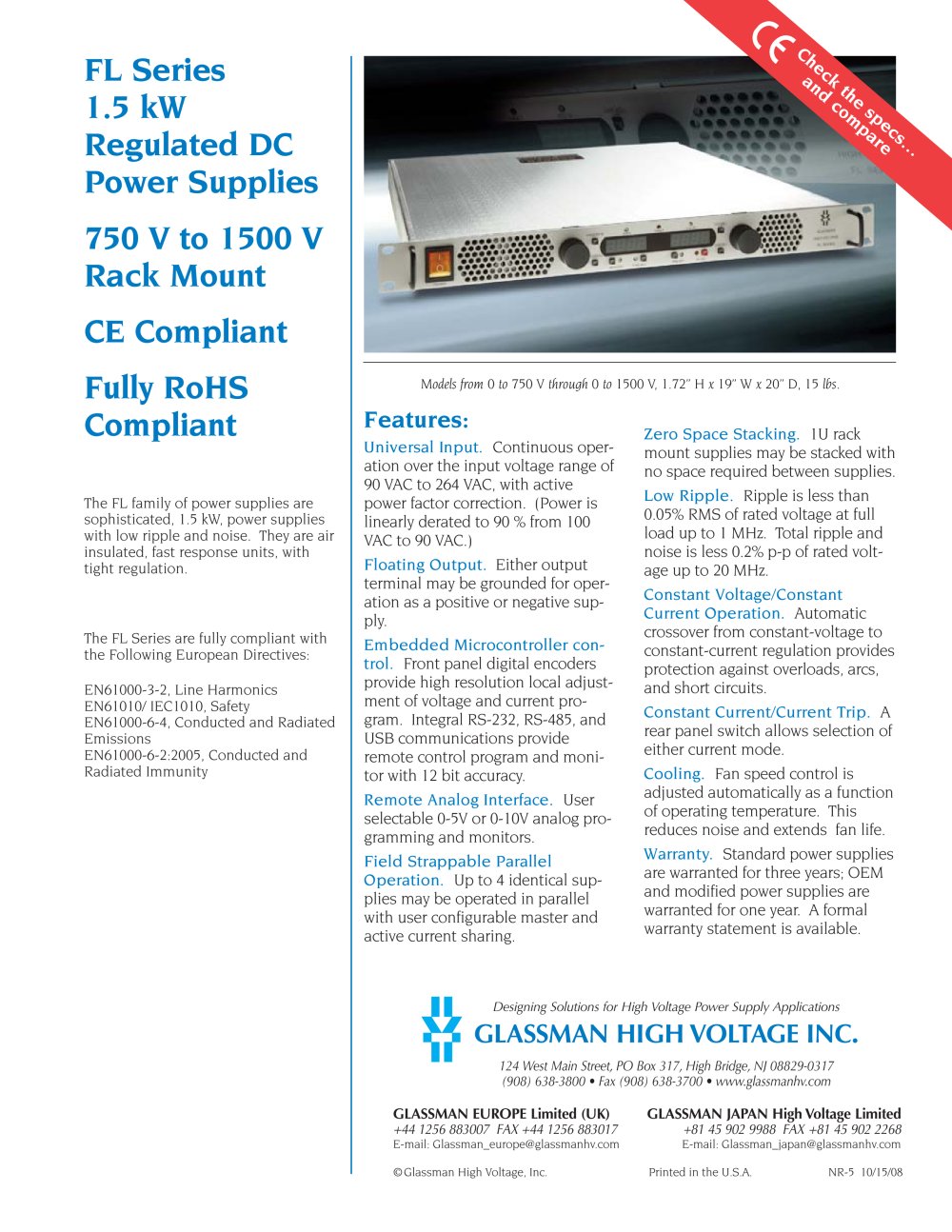 FL Series 1500 Watt Regulated High Voltage DC Power Supplies - Glassman High Voltage
