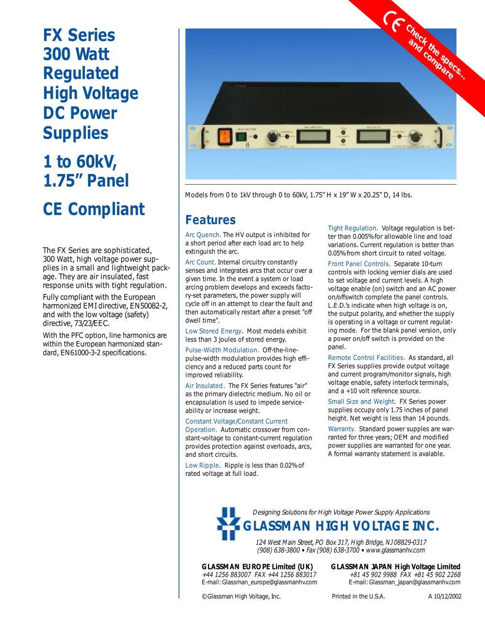 FX Series 300 Watt Regulated High Voltage DC Power Supplies - Glassman High Voltage