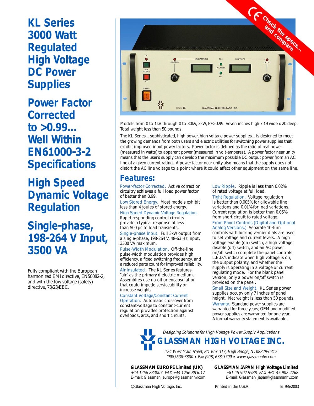 KL Series 3000 Watt Regulated High Voltage DC Power Supplies - Glassman High Voltage