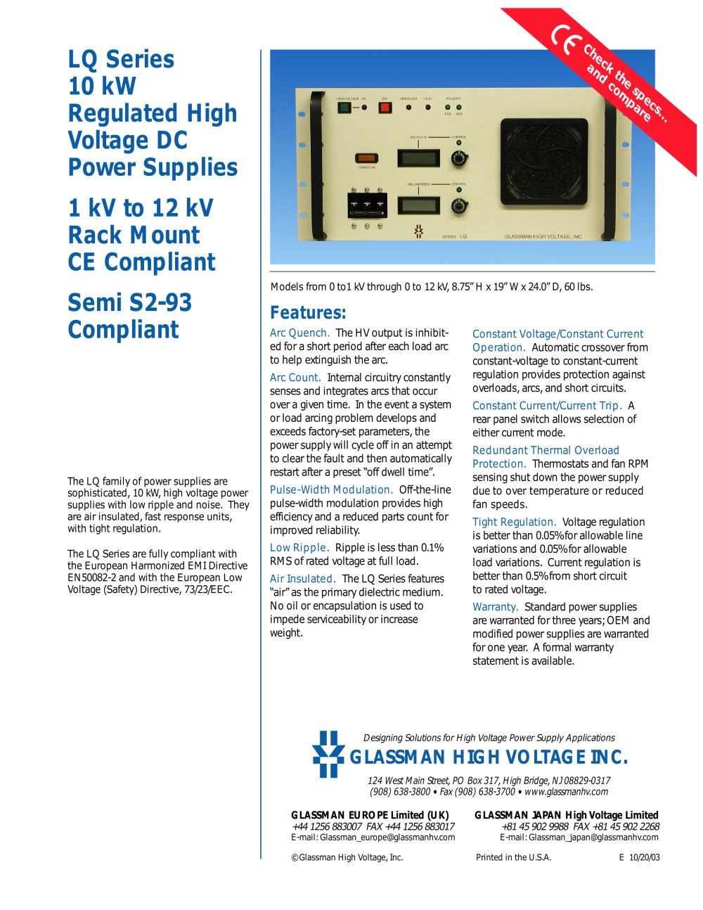 LQ Series 10 kW - 50 kW Regulated High Voltage DC Power Supplies - Glassman High Voltage