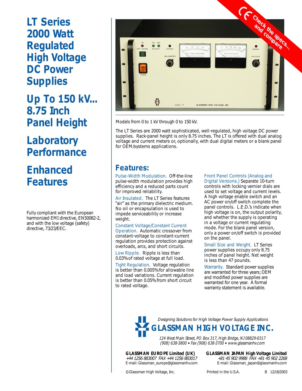 LT Series 2000 Watt Regulated High Voltage DC Power Supplies - Glassman High Voltage